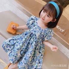 【Hi！Kids】女童連衣裙夏裝新款藍色碎花公主裙兒童法式短袖裙子