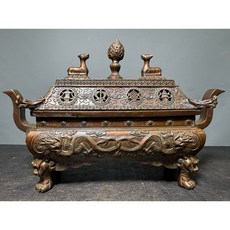 【通天寶】藏傳佛教 紫銅【八吉祥爐 長方香爐】銅爐 薰香爐 熏香爐 淨爐 龍 龍魚 貔貅 麒麟 龍龜 立體浮雕 B35, 1個