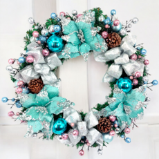 裝飾燈大師 50cm PVC花圈 - 台灣手做精緻盒裝, A款藍銀, 1個