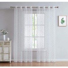 LinenZone 거실 침실 또는 다이닝 룸용 실버 자수가 있는 얇은 화이트 커튼. (올리비아 137.2 x 160 실버)