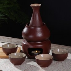 도쿠리워머 세트 사케 술잔 워머 데우기 세트 M 정종, N. 레드 촛대 펭귄 냄비 컵 4개와 타르 4개