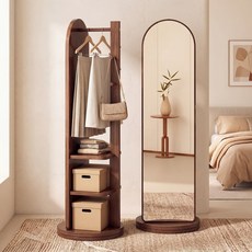 다용도 전신거울 360도 회전형 수납 스탠드옷걸이 스탠드거울 CC369, 원목색