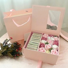 카네이션 용돈박스 비누꽃 플라워 어버이날 부모님 선물 돈봉투20장 종이가방 세트, 레드