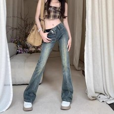 해피유통 여성용 봄가을 스트 빈티지 플레어 데님 바지 복고풍 슬림핏 청바지