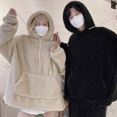 HYC 韓國代購 熊寶寶毛毛帽T 毛茸茸秋冬保暖情侶帽T 寬鬆落肩機能抽繩