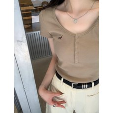 봄여름 슬림핏 자수 디자인 버튼 숄더 반소매 여성 티셔츠