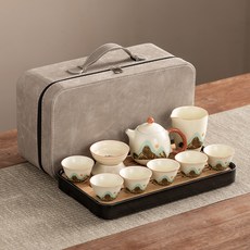 龍蛋茶壺黃汝窯旅行功夫茶具套裝家用便攜式茶杯茶壺輕奢商務禮品, 1個, 1L, 灰長包-龍蛋壺黃汝窯/斗笠杯-遠山:如圖