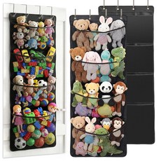 NIWPKDCE 블랙 오버 도어 봉제 동물 보관함 플러시 장난감용 걸이식 도어 오거나이저 2개 대형 포켓 4개와 침실 장난감 방용 서포트 로드 포함, NIWPKDCE 블랙 오버 도어 봉제 동물 보관함, 플