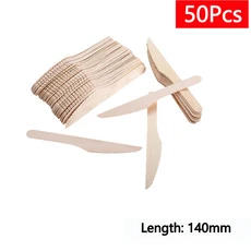 일회용 나무 수저 포크 스푼 커터 나이프 파티 피크닉 용품 주방 디저트 식기 16cm 10 개, 06 50pcs Knives(14cm)