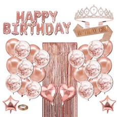 뷰라뷰 생일 파티 왕관 어깨띠 풍선 파티커튼 풀세트, 3_ 벌스데이걸 로즈골드세트, 1세트