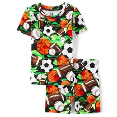 The Children's PLACE 레이스 남아용 소매 상의와 반바지 꼭 맞는 핏 100% 면 투피스 파자마 세트 카모/디노 글로우 2팩 5 249258