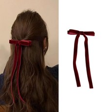 EZBUYGO 벨벳 리본 헤어 액세서리 롱 리본 헤어 클립 포니테일 한국식 나비 매듭 머리 고정 스타일리시 귀여운 여성용 (레드)(Wine Red)