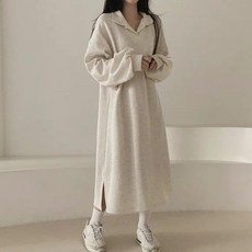 엘레무르) 오픈 카라 루즈핏 박시핏 기모 롱 원피스 체형커버-N8