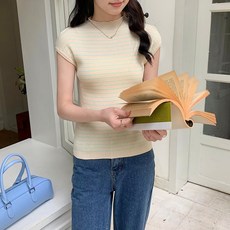 Yellwel 복고 스트라이프 니트 반팔 티셔츠 여성 여름 민소매 조끼 DJP