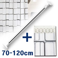 욕실 모던 샤워커튼+커튼봉 세트 70x120 무타공 방수 샤워 커튼 압축봉 샤워봉 화장실 창문 커텐, 1개, 화이트