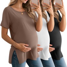 BAGGY 배기fly 여성용 임산부 셔츠 반소매 라운드넥 사이드 스플릿 상의 루즈핏 여름 캐주얼 엄마 의류 3팩 오렌지 그래스 그린 크림 XXL 190958, M, 커피, 화이트, 블랙