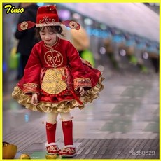 萬聖節 女童 新款 洛麗塔 裙子 重工 拜年服 裙 紅色 過年衣服 拜年服 秋冬款女童蘿莉塔裙子重工年服裙紅色洋裝過年衣