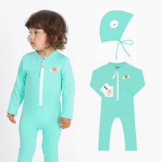 베이비솔 민트비숑 유아 아동 수영복 세트 수영모 포함 올인원 래쉬가드 민트 남아 여아
