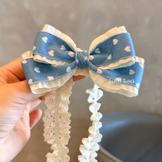 Sweet Twins 寶寶髮帶 淺藍愛心牛仔蝴蝶結 蕾絲不勒頭設計