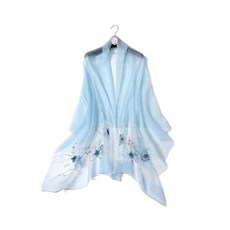 STARWHISPER 여성용 실크 & 울 롱 앤 라지 스카프 숄 랩 이브닝 드레스 나뭇잎 자수 아이보리 140636, 플라워 자수 라이트 블루