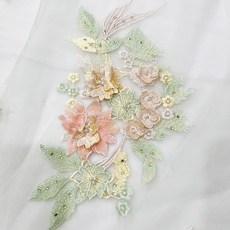 蕾絲刺繡布貼立體繡花訂鑽胸花補丁婚慶禮服童裝輔料DIY, 1個, 綠粉