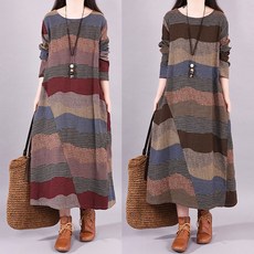 아이데이 데일리 여성 패턴 롱 긴팔 원피스 루즈 오버 핏 빅사이즈 가을 겨울 여자 플레어 스타일 /2컬러