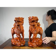 【通天寶】精選花梨木【開運麒麟】刻工精湛 公母對 麒麟 聚寶 開運 祥瑞 靈獸 聚財 招財 納福 風水擺件 P66, 紅