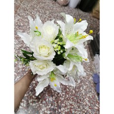 人造花束-6朵百合花 6朵玫瑰 仿真花藝擺設 居家裝飾品, 白百合+白玫瑰, 1個