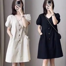 예쁜 편한 데일리 브이넥 싱글버튼 원피스 여성용 여름 디자인감 허리 날씬한 미디스커트