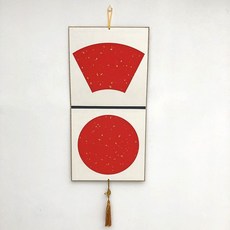 拾光優選好物 宣紙空白扇面圓形掛屏萬年紅裝飾掛件折疊合頁書法國畫工筆畫創作, 25cm*25cm展開25*52cm,內仿古灑金外白