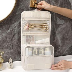 化妝包大容量懸掛式外出便攜防水眼線膠筆眼線液化妝品收納包, 1個, 大容量#奶杏白隨身便攜分區化妝包