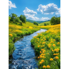 재물운 봄 풍경화 물감 붓 꽃밭 호수 푸른 하늘 구름 물그림 금전운에 좋은 풍수 DIY명화그리기 유화그리기, 40x50cm+물감세트+붓, 물그림 풍경화그리기7, 1개