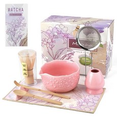 VENSEEN 말차 거품기 세트 8피스 키트 세라믹 일본 그릇 및 액세서리 키트 포함 전통 다도 가정용 애호가를 위한 선물(그린) 279351, 핑크