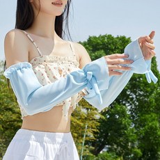 夏季防曬袖套雪紡寬鬆戶外騎車遮陽防紫外線手臂套袖薄長款女透氣, 雪紡蝴蝶結：藍色, 1個