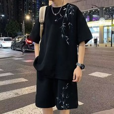 國風套裝 大尺碼男裝 夏季寬鬆短袖兩件套 運動休閒短褲T恤
