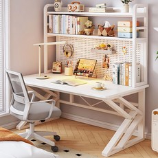 홈컴 책상 타공판 철제 1인용 책장 일체형 게이밍 컴퓨터 테이블, 화이트