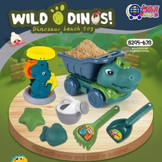 恐龍工程車沙灘玩具組 戲水玩具推車 恐龍沙灘車 戶外戲水 挖沙 沙漏 工程車 鏟子 沙灘玩具套裝 兒童玩具, 1個, 恐龍沙石車+沙漏7件組