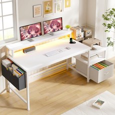 파일 서랍과 프린터 공간이 있는 EnHome 56.5인치 검은색 컴퓨터 책상 전원 콘센트와 모니터 스탠드가 사무실 게이밍 스터디 필기 침실, White