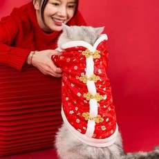 【格森】新年喜慶寵物唐裝 狗狗貓咪秋冬保暖衣服 泰迪比熊小狗過年服飾, 小玫瑰唐裝,M, 1個