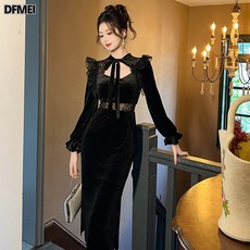 DFMEI 헵번 스타일 쁘띠 블랙 스커트 여명원피스 펀칭 조거 벨벳 원피스 30694