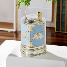 牙簽盒 牙簽罐 牙簽筒 牙簽收納盒 創意家用牙簽盒 豪華歐式複古牙簽盒按壓自動彈出牙簽罐家居輕奢牙簽筒網紅高檔, Y【按壓式牙籤盒】金藍, 1個