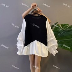 150kg까지 여성 가을 레이어트 퍼프 맨투맨 셔츠 빅사이즈 편한 비대칭 디자인 간절기 루즈핏 이너 무지 배색 레이어드 하프 큰옷 큰언니 데일리룩 긴팔 티셔츠 블라우스 남방 상의