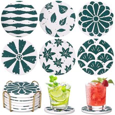 Dksee 흡수식 컵받침 6개 세트 음료용 원형 세라믹 모던 블루 보호 커피 테이블 장식 야외 책상 홀더, Green