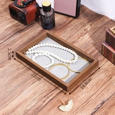 中式核桃木飾品收納盤 小號耳飾耳釘格子展示盤, 灰色內飾,戒指盤