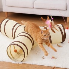 푸키 고양이 3방향 바스락 숨숨 캣터널+깃털장난감 세트, 1개, 샌드베이지