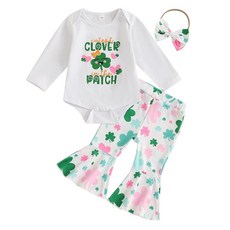 Nokpsedcb My First St Patrick's Day 여아용 의상 귀여운 토끼풀 롬퍼 플레어 롱 팬츠 리본 머리띠 유아 봄 옷 패치에서 가장 흰색 클로버 23437