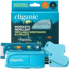 Cliganic 모기 퇴치 팩 (손목 밴드 2개 + 리필 펠렛 4개) - 조절 가능 천연 디에트 프리 에센셜 오일 주입 143781, 2 Count (Pack of 1), 1개