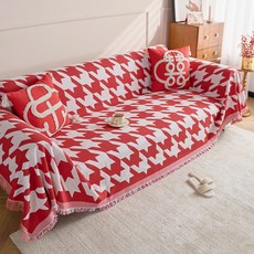 新中式喜慶提花沙發巾蓋布, 大千鳥格紅色,180x130