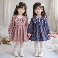 天晴童裝 女童長袖花朵絨布蝴蝶結領洋裝