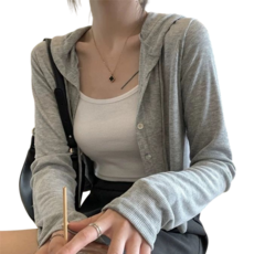 에리르 여성 봄 여름 가을 아이스 루즈핏 버튼 크롭 후드티 가디건